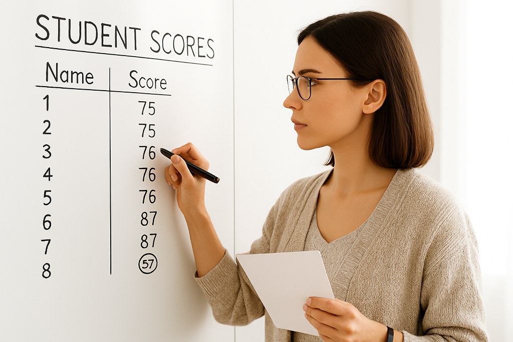 A teacher writing student scores on a whiteboard.