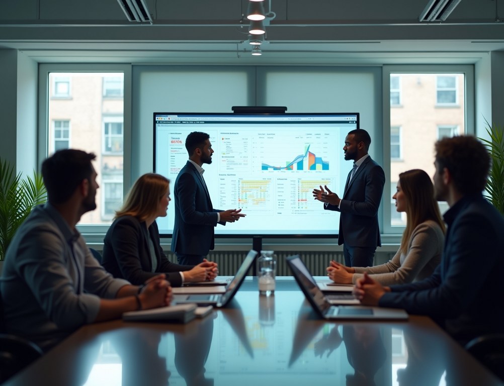 A team at a web development agency collaborates on a complex project in a meeting room.