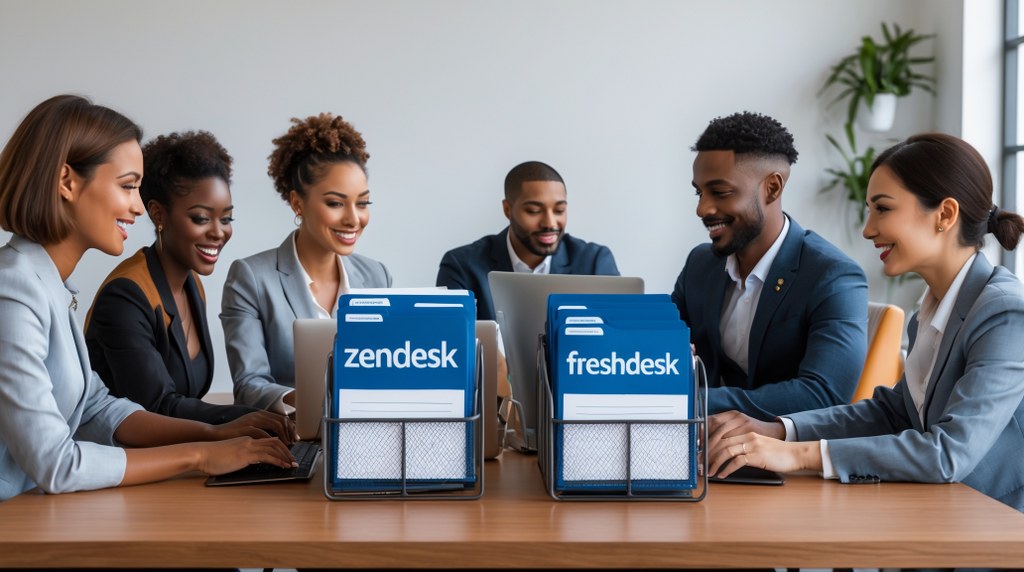A team of agents working in harmony at a shared desk while folders labeled “Zendesk” and “Freshdesk” sit neatly stacked, symbolizing organized support tickets.