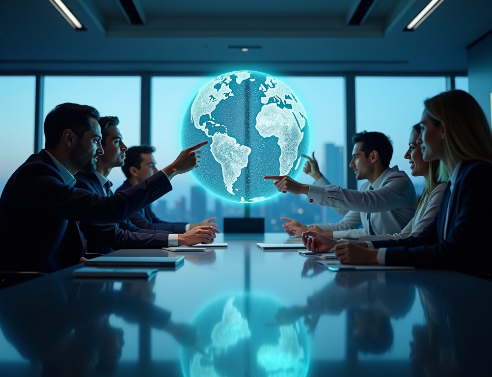A team of executives planning global expansion around a holographic globe in a modern boardroom.