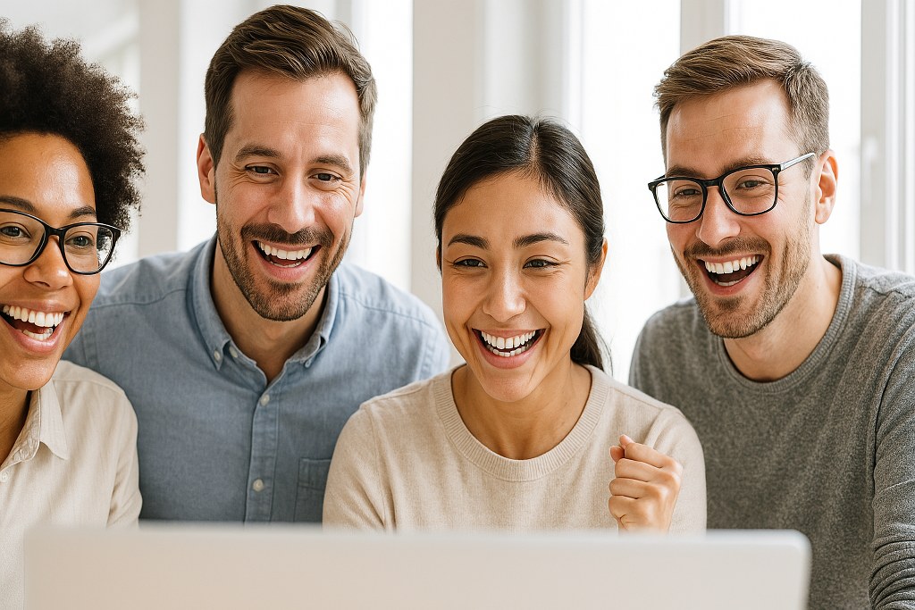 A team of happy people looking at a computer monitor.
