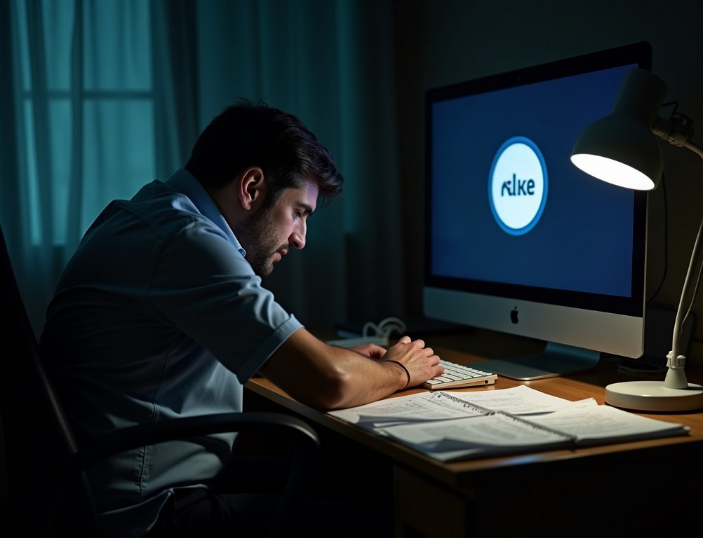 A tired business owner looking with boredom at their company logo, highlighting a poor reason for rebranding.