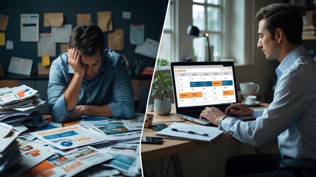 A tired marketer surrounded by scattered papers next to a calm marketer reviewing a digital content plan.