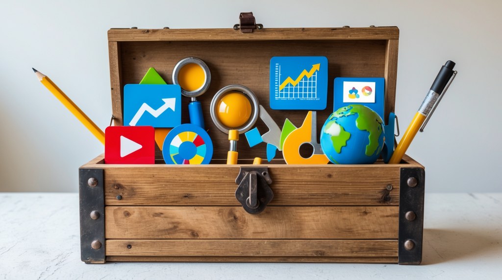 A toolbox filled with icons like a play button, a magnifying glass, and a pencil — showing essential marketing tools.