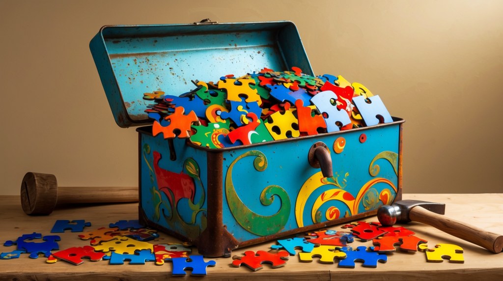 A toolbox overflowing with colorful puzzle pieces representing WordPress plugins 