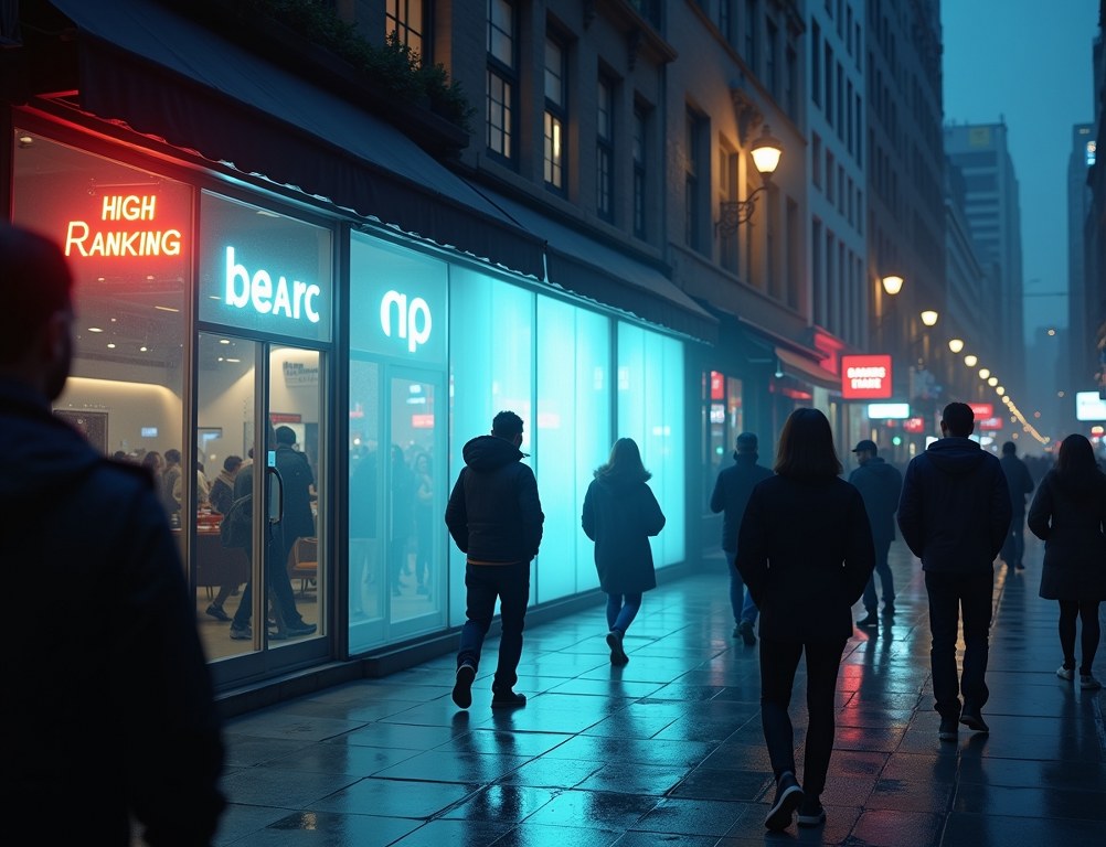 A transparent, invisible website on a busy street, symbolizing poor SEO and lack of traffic.