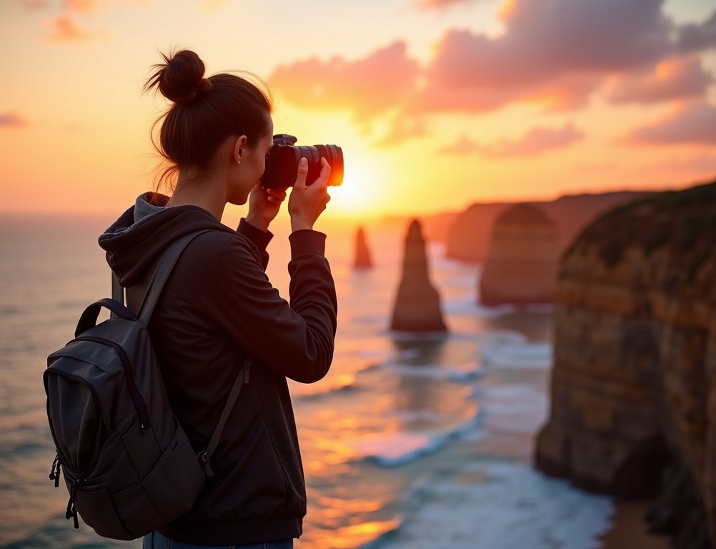 A travel blogger uses a professional camera to photograph a stunning coastal sunrise for her blog.