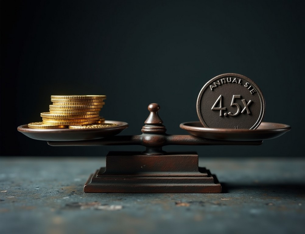 A vintage scale balances a stack of gold coins (SDE) with an iron weight (multiple), illustrating business valuation.