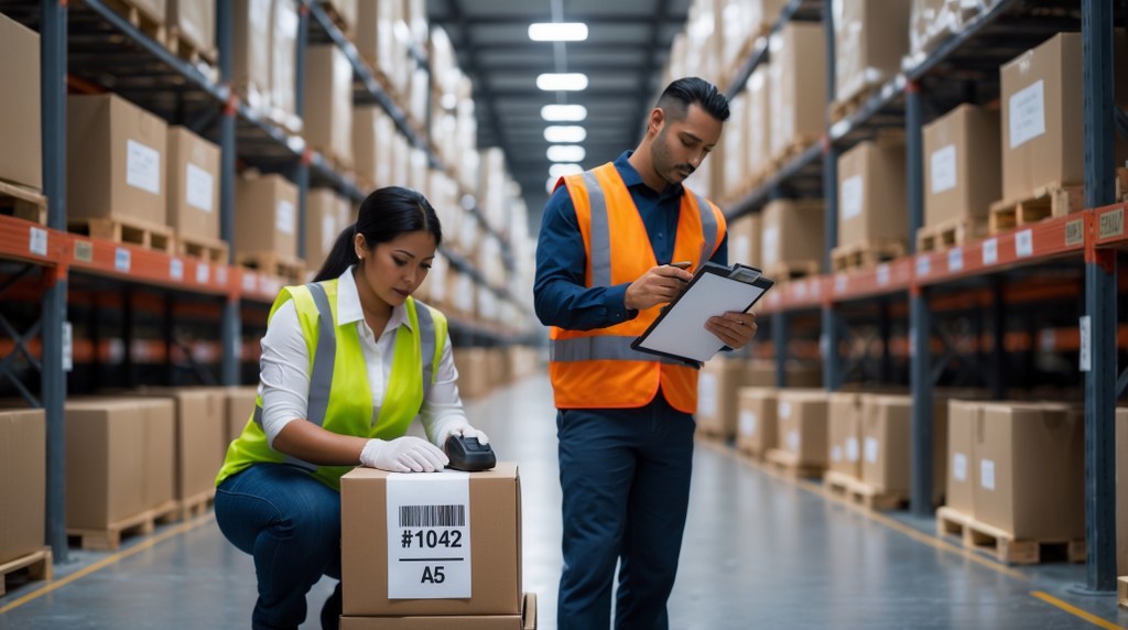 A warehouse worker scanning a barcode on a package while another person checks items off a printed pick list nearby.