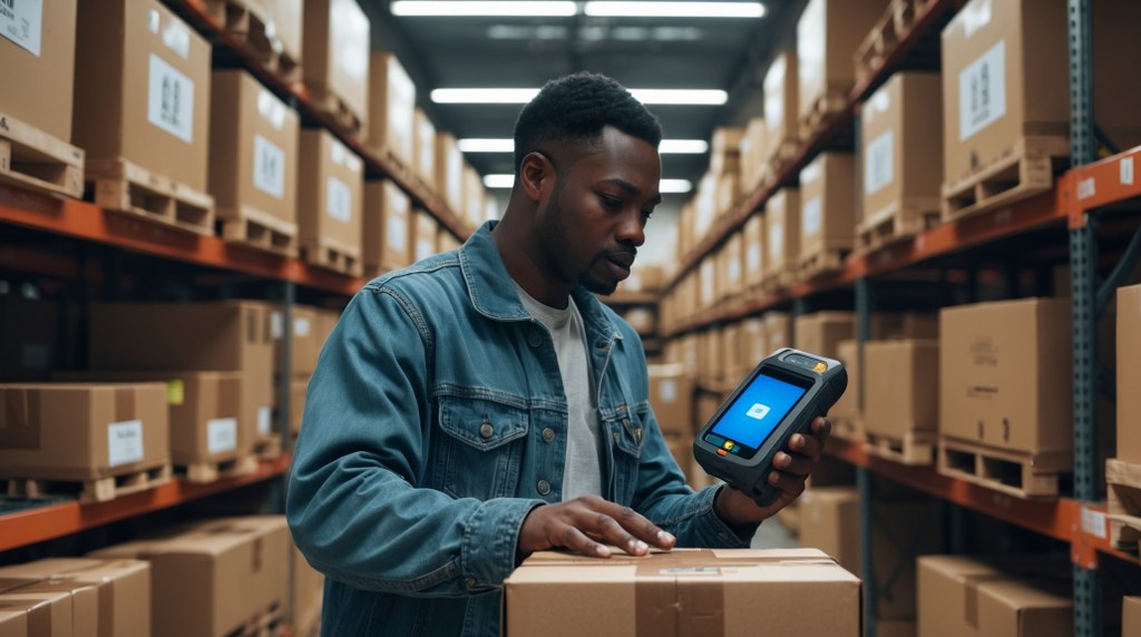 A warehouse worker scanning a box with a handheld device while inventory shelves stretch out behind them.