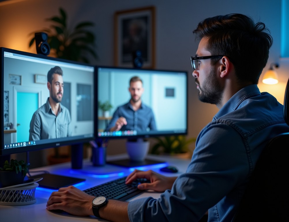 A web designer collaborates with a plumber via video call to create a custom website.