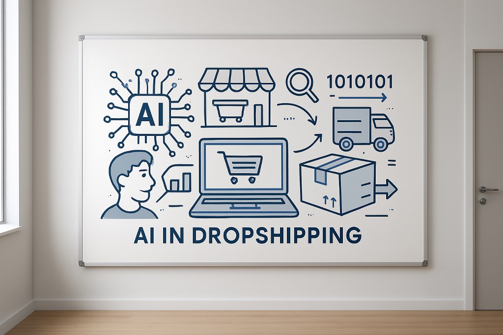 A whiteboard with illustrations of AI use in dropshipping.
