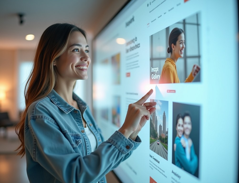 A woman easily using a drag-and-drop website builder on a large touchscreen.