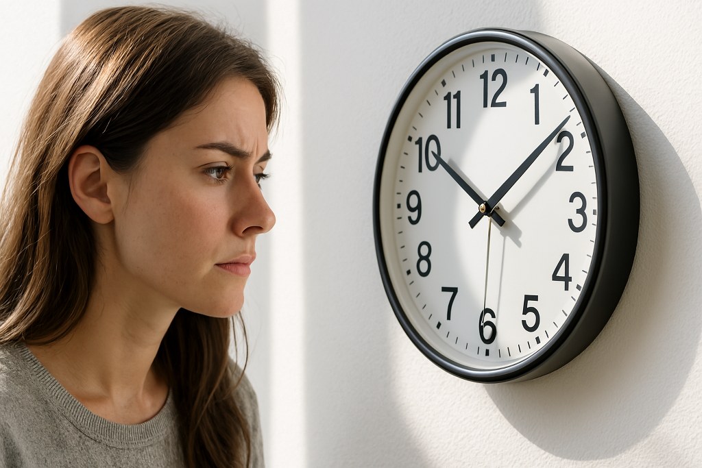 A woman looking at a clock.