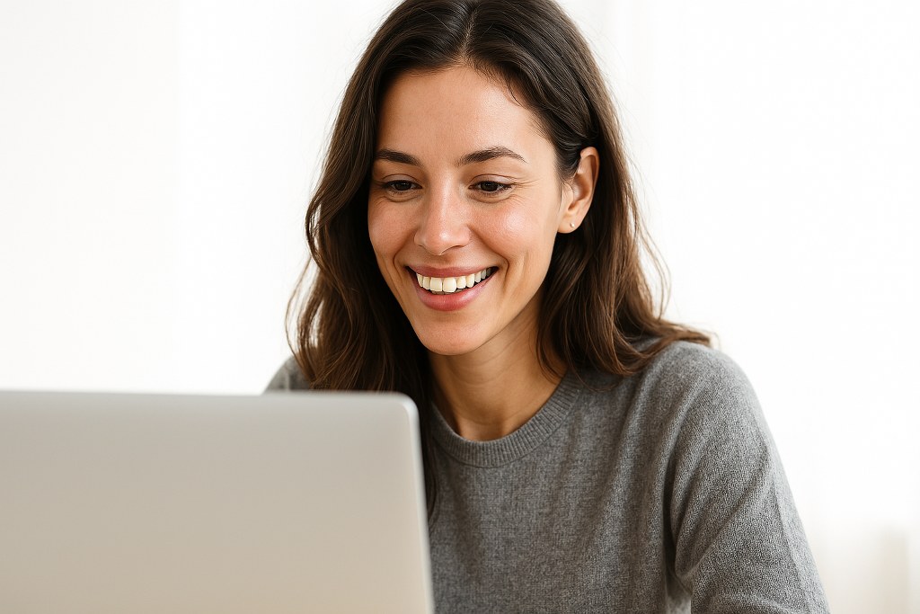 A woman smiling while using a laptop.