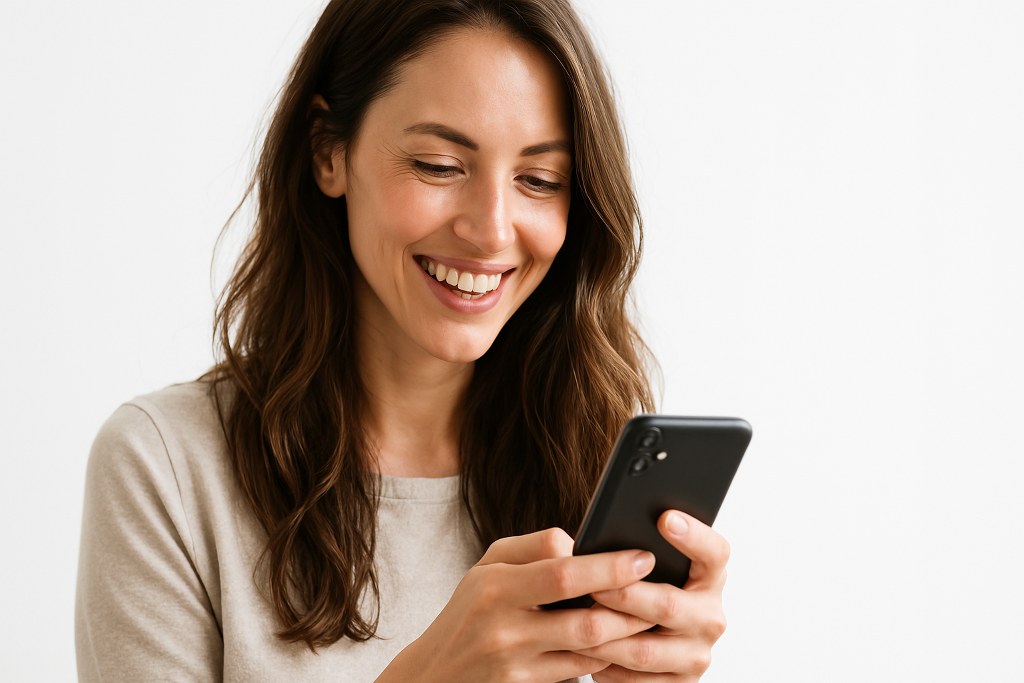 A woman smiling while using her phone.