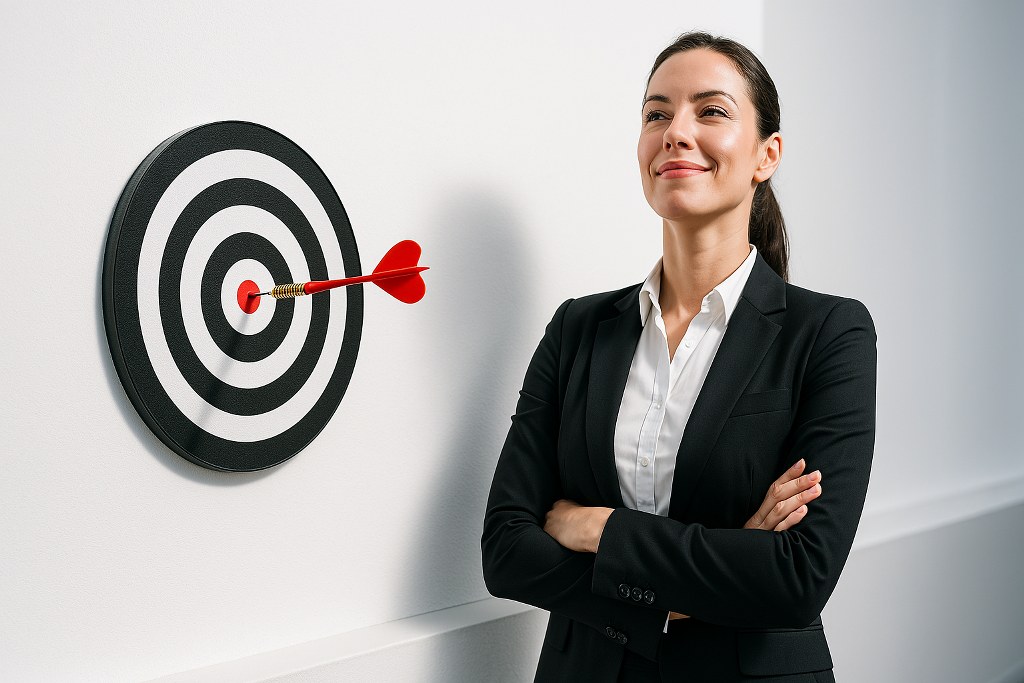 A woman standing next to a bullseye that has a dart at the center.