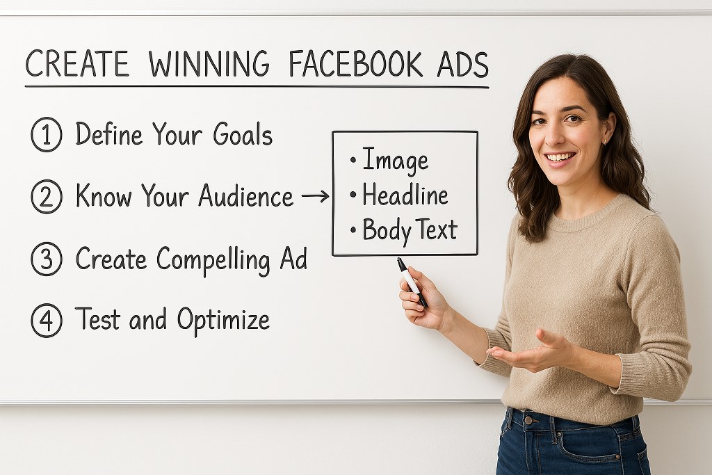 A woman teaching how to create a winning Facebook ad. 