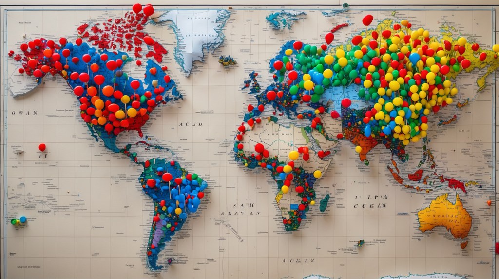 A world map dotted with colorful pins representing WordPress users in many different countries.