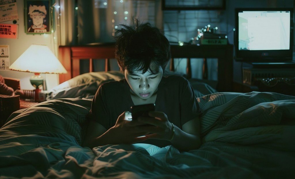 A young man using his phone while in bed.