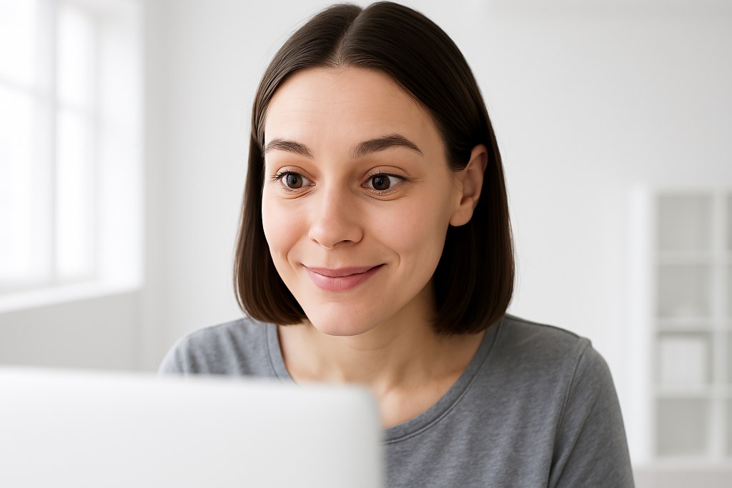 A young woman reading a blog.