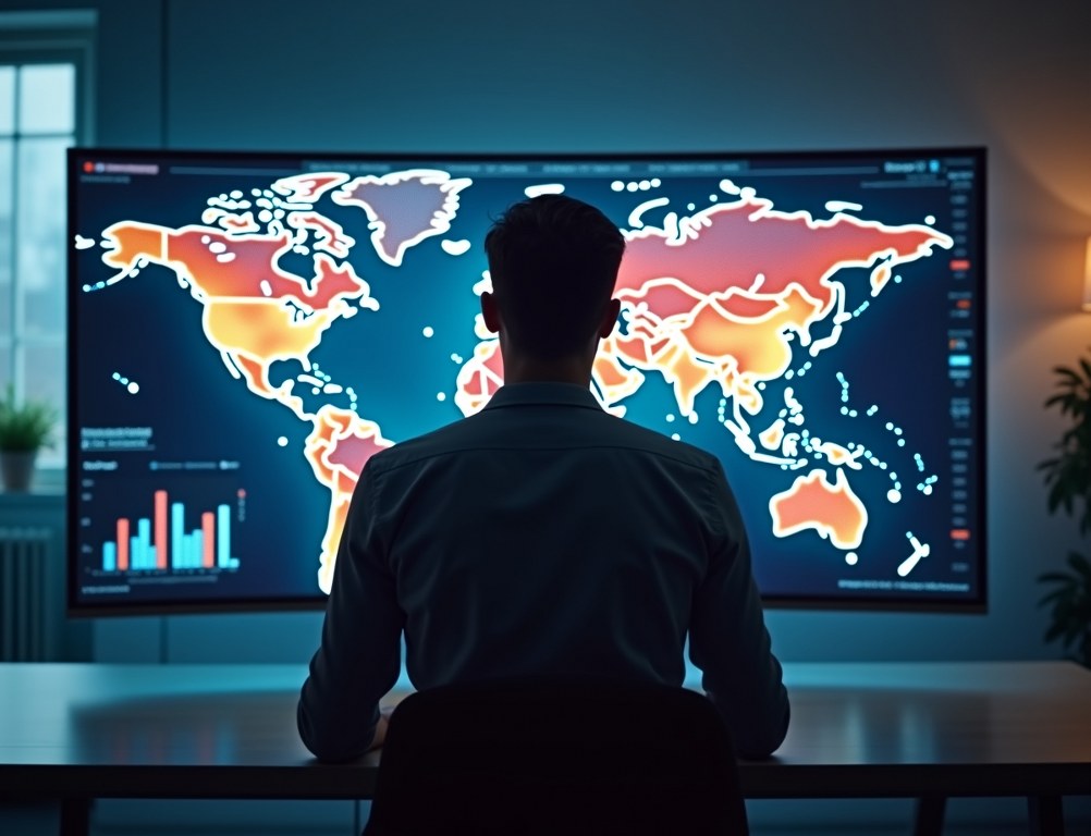 An analyst reviews a world map with data heatmaps on a large monitor, conducting international market research.