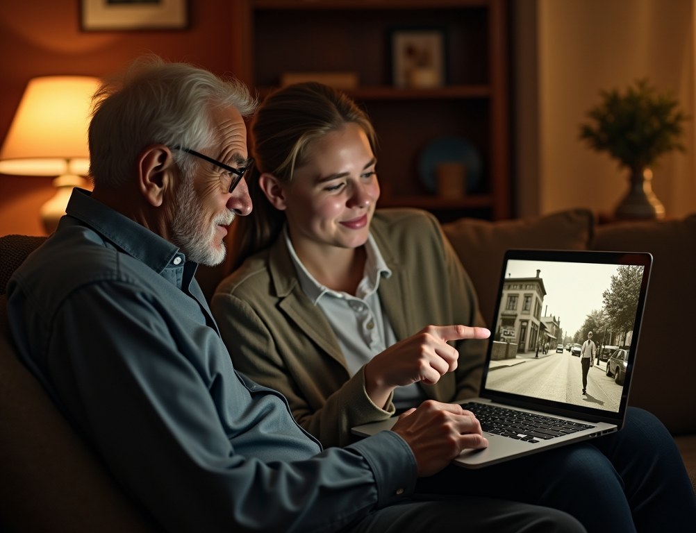 An elderly man and a student look at a vintage photo on a local history website.