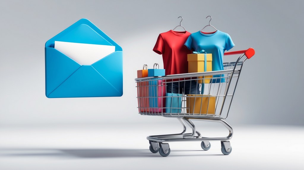An email icon floating next to a shopping cart filled with items, symbolizing a reminder to complete the purchase.