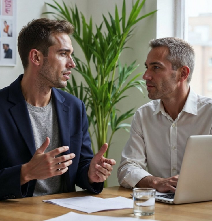 An employer conversing with his employee.