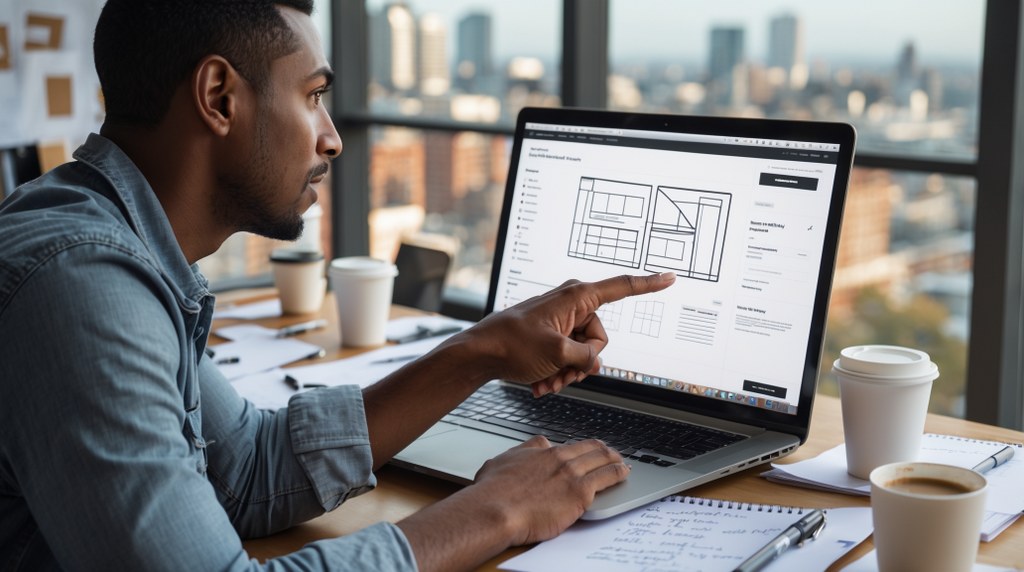 An entrepreneur designing a store on his laptop. 