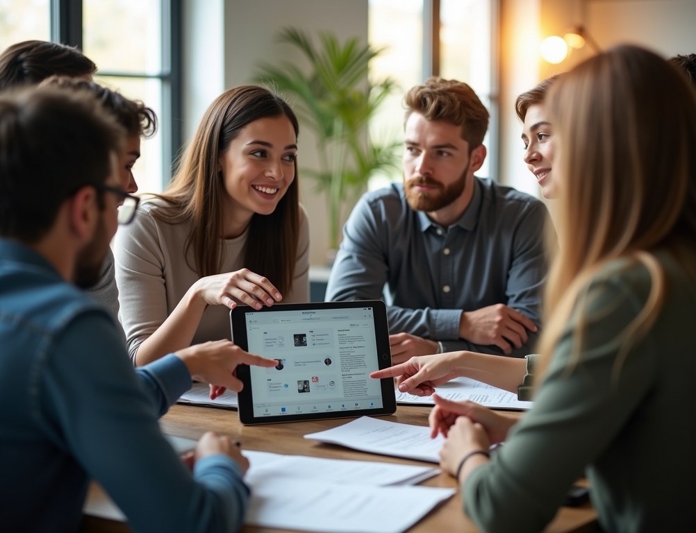 An entrepreneur presenting marketplace wireframes on a tablet to an engaged focus group.