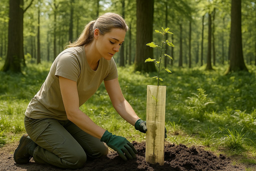 An environmentalist planting a tree in the woods.