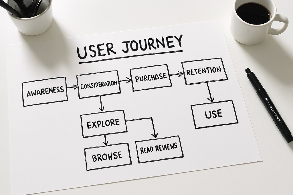 An example of a website user journey on a flowchart.
