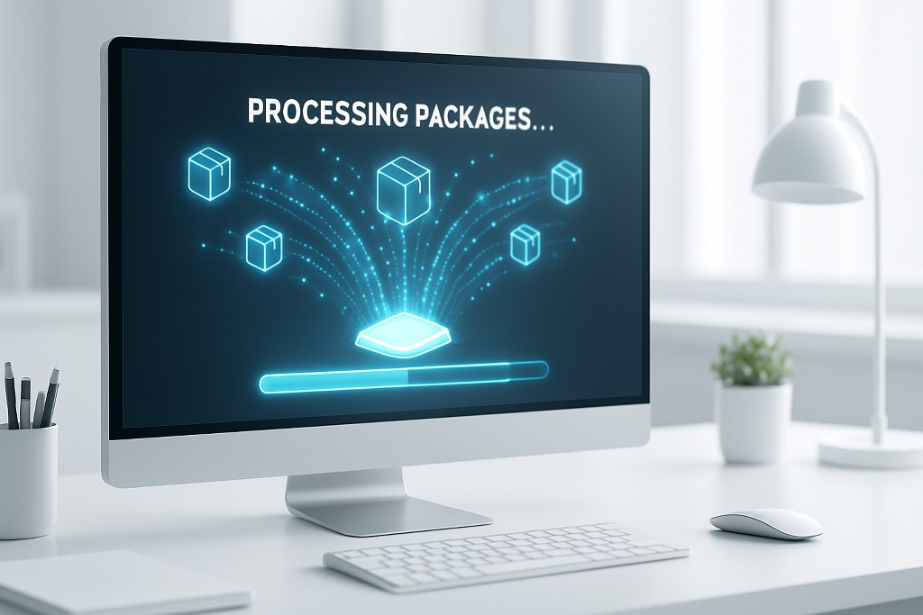 An illustration of a computer installing and processing packages.