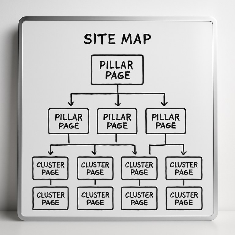 An illustration of a site map with pillar pages and cluster pages.