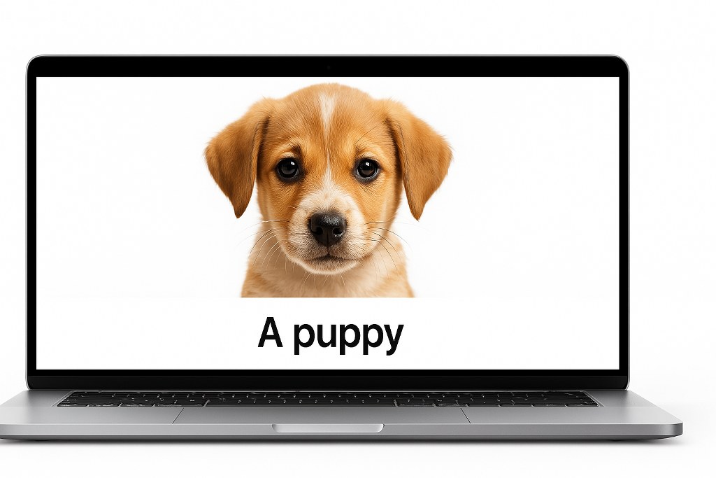 An image of a puppy with a caption.