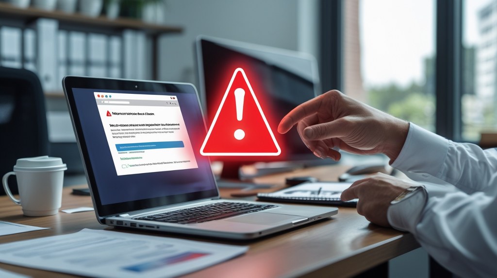 An office worker clicking a fake email link with a red warning flashing above.