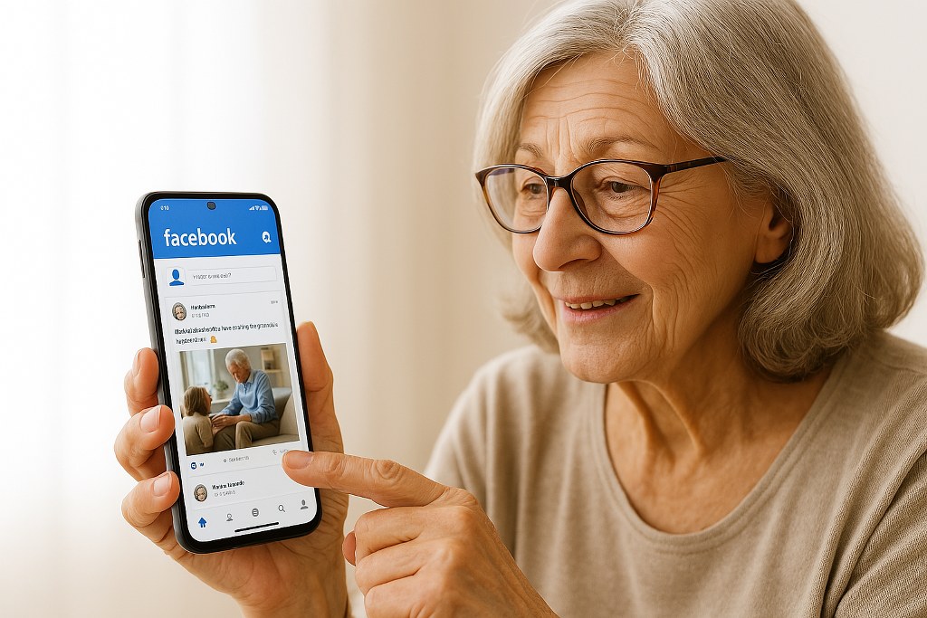 An old woman pointing at a Facebook page on her phone.