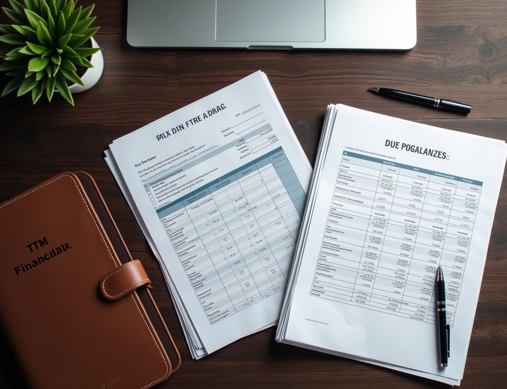 An overhead view of a desk with neatly organized financial documents, a laptop, and a binder for due diligence.