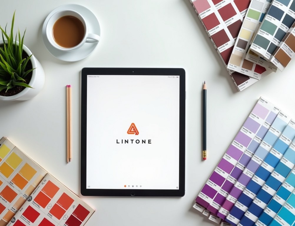 An overhead view of a graphic designer's desk with tools for creating a new visual brand identity.