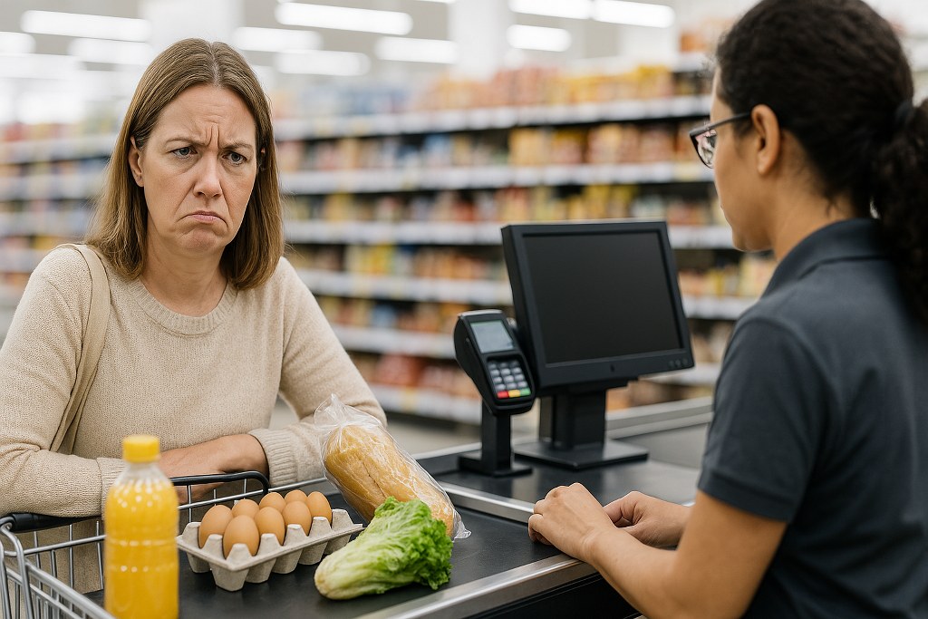 An unhappy customer at a checkout station.