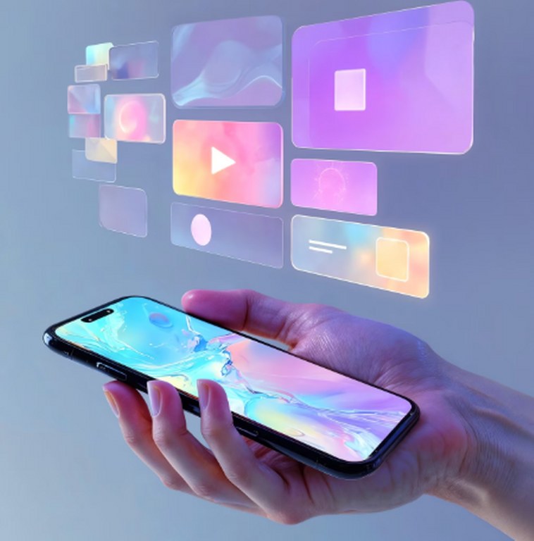 App widgets floating on top of a mobile phone