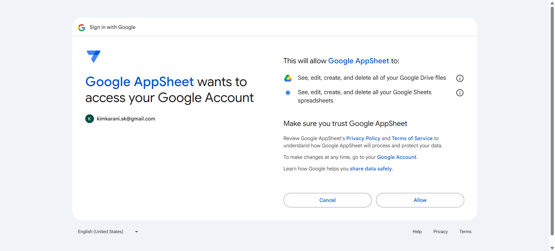 Fenêtre « Sign In with Google »