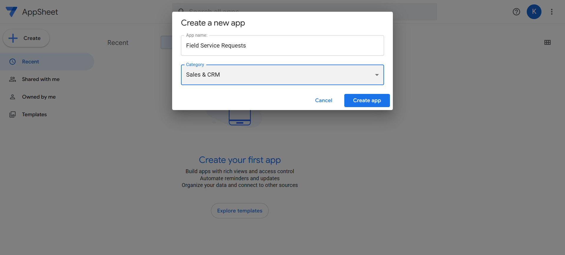 Création d'une nouvelle application