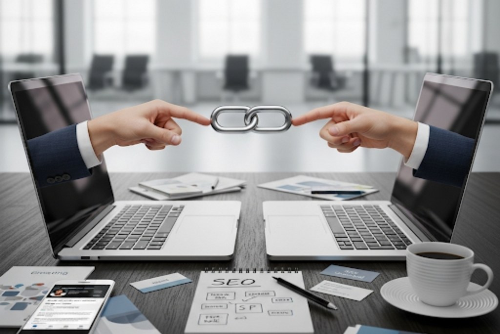 Backlink concept: two hands sticking out of laptop with chains in between.