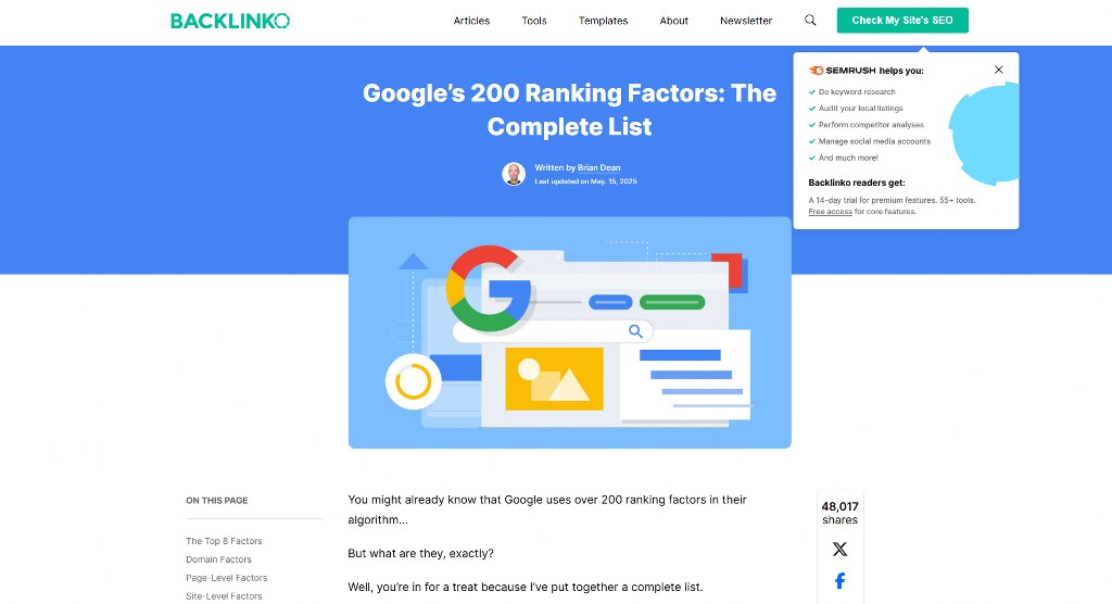 Backlinko's webpage on Google's 200 ranking factors.