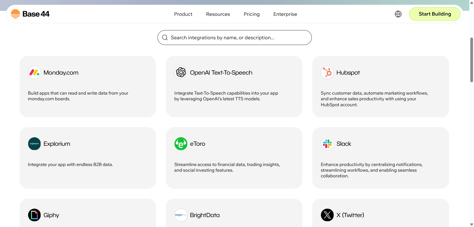 screenshot of integrations
