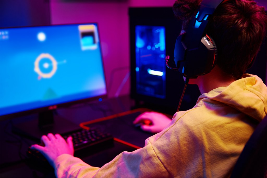 Boy Plays Computer Game at Home.