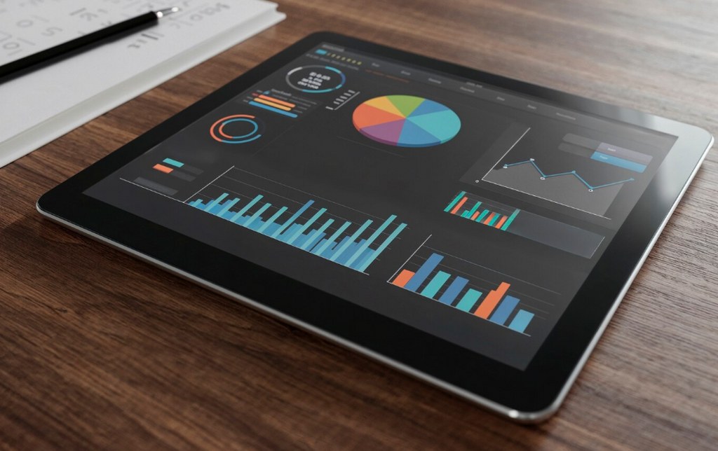 Business data analytics charts displayed on a tablet.