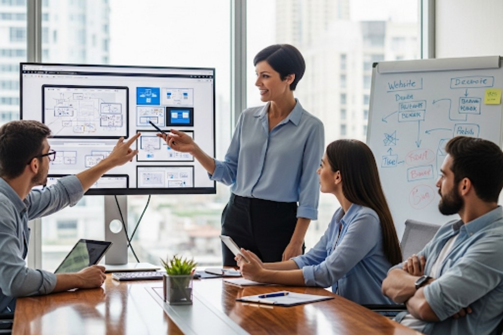 Business owner discussing with employees website design.